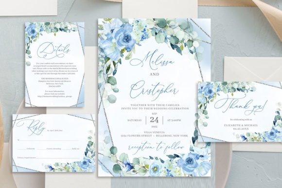 Download Dusty Blue Floral Wedding Invitation Set - Invitation Collection