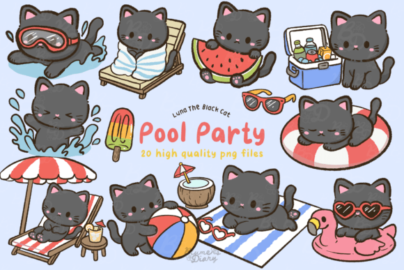 Download Kawaii Pool Party Black Cat Clipart - Party Collection