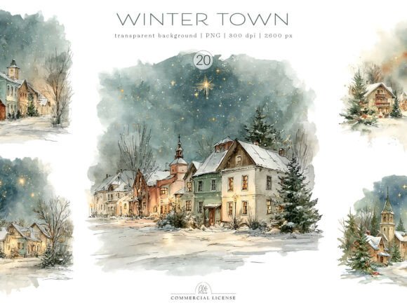 Download 20 PNG Winter Town Watercolor Set - Town Collection